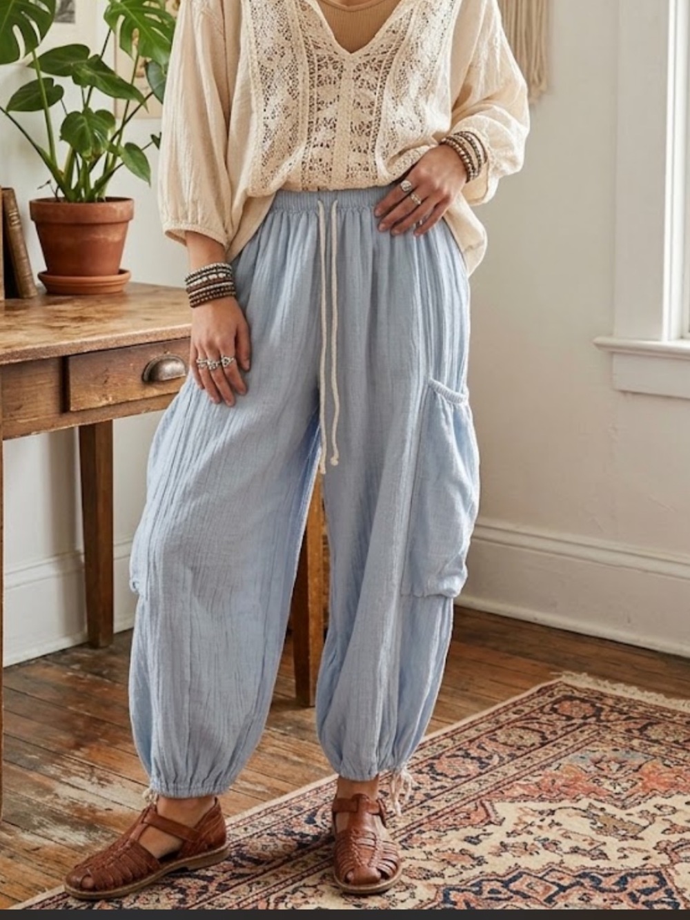 Free People Light Blue Gauze Cotton Harem Cargo Pants Drawstring Ankle M